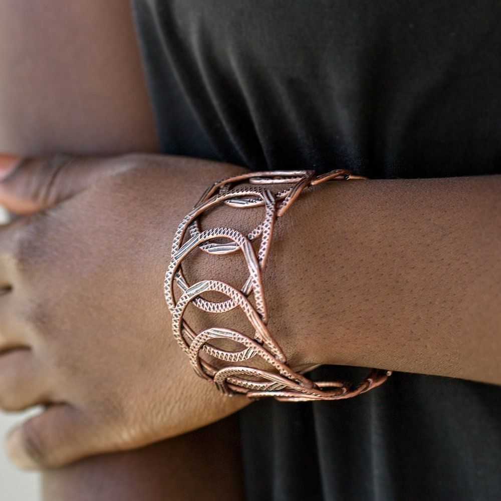 Copper overlapping printed circles cuff bracelet
